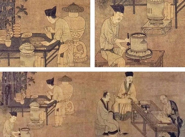 ▲ 宋刘松年《撵茶图》中的部分点茶工具：茶磨、茶炉、茶瓶、茶盏、盏托。
